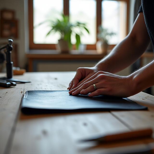 Craftsman selecting leather in a minimalist UK workshop
