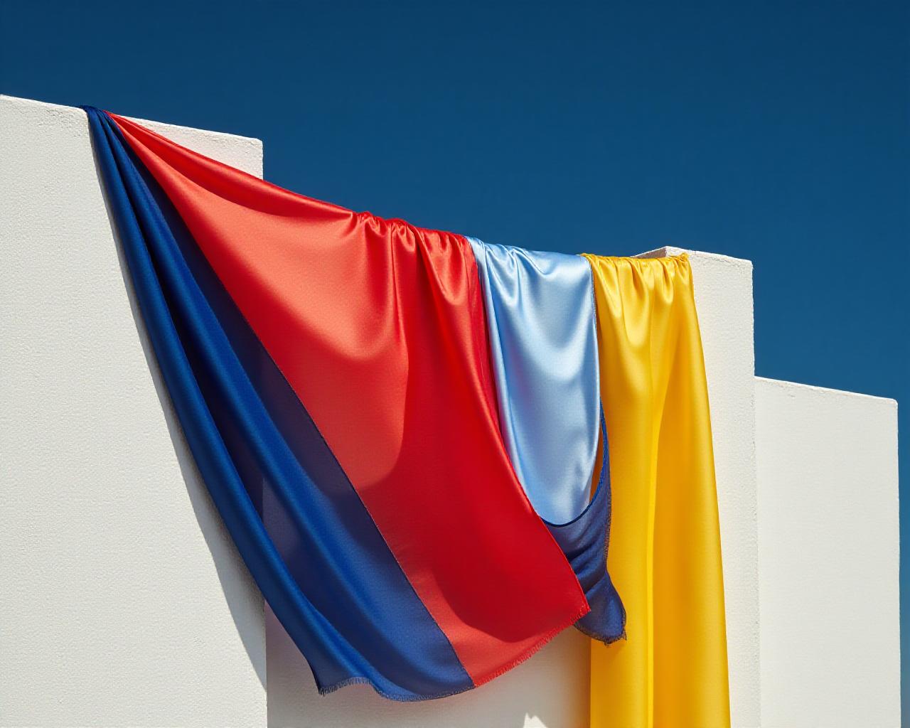 Geometric scarves draped over Bauhaus architectural elements